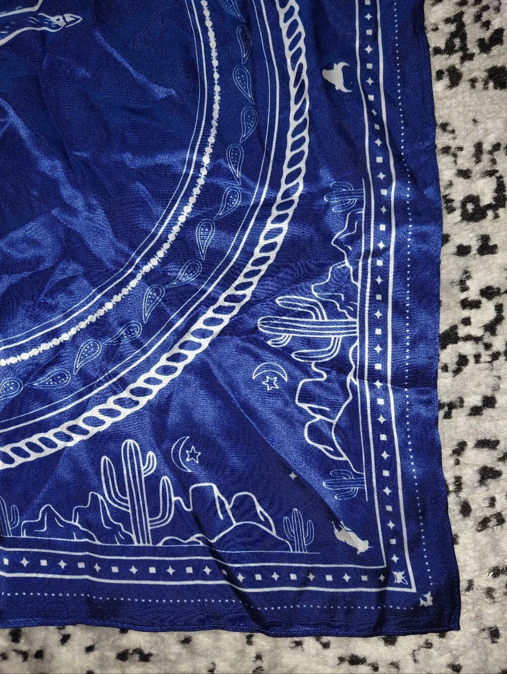 100% Silk Western Bucking Bull Bandana Scarf | Blue & White Wild Rag CC